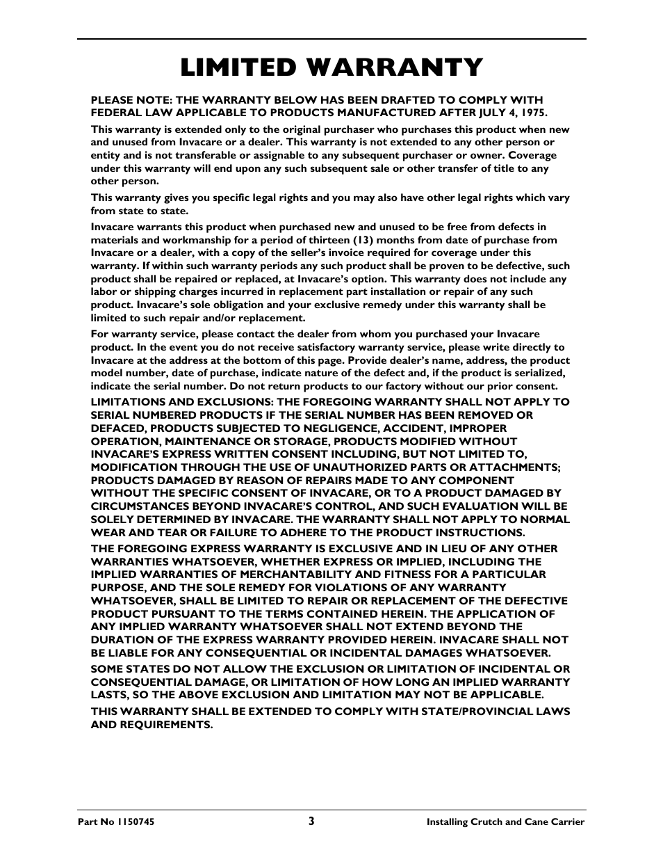 Limited warranty | Invacare 1305L User Manual | Page 3 / 4