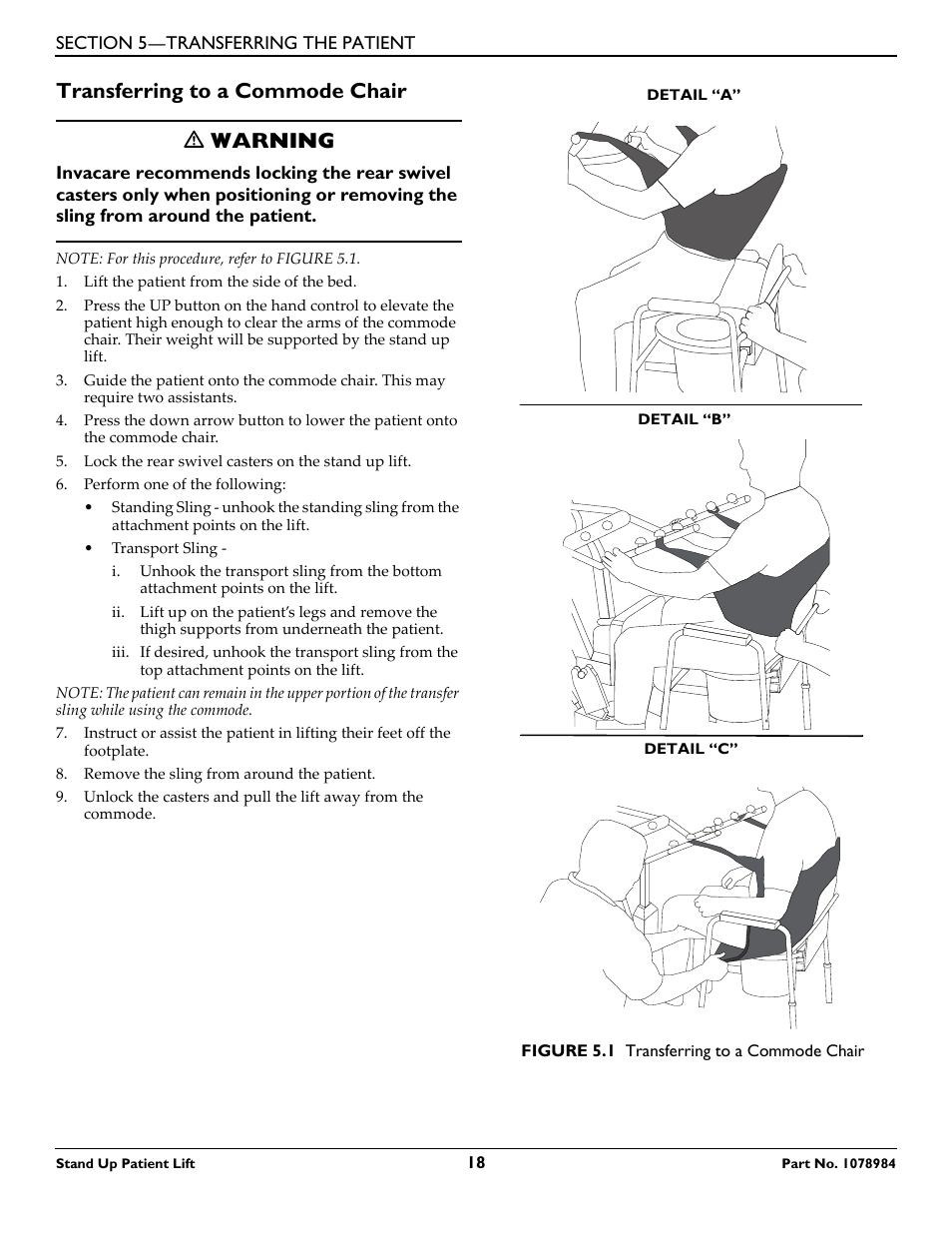 Transferring to a commode chair, Transferring to a commode chair ƽ warning | Invacare RPS350-1 User Manual | Page 18 / 24