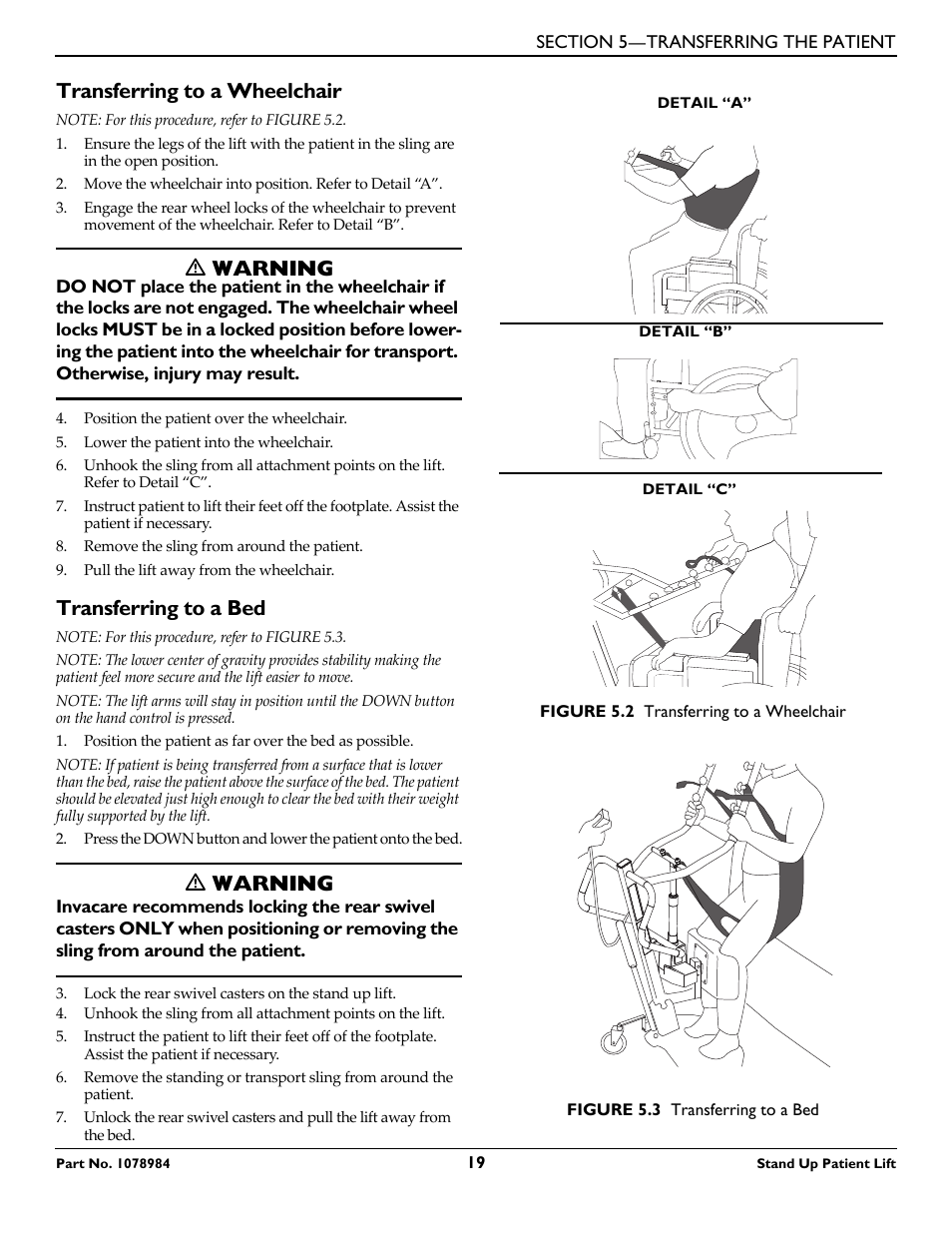 Transferring to a wheelchair, Transferring to a bed, Ƽ warning | Invacare RPS350-1 User Manual | Page 19 / 24