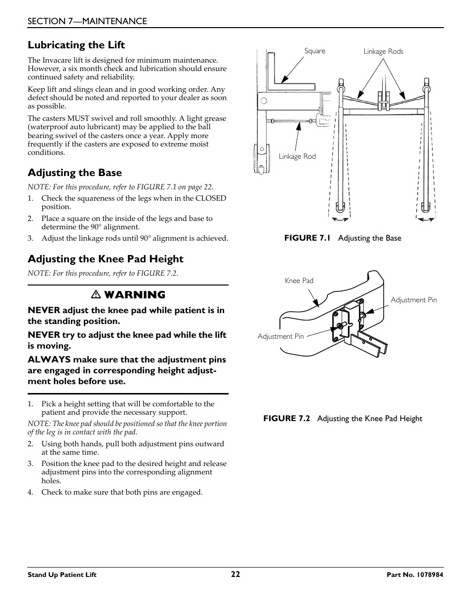 Lubricating the lift, Adjusting the base, Adjusting the knee pad height | Ƽ warning | Invacare RPS350-1 User Manual | Page 22 / 24