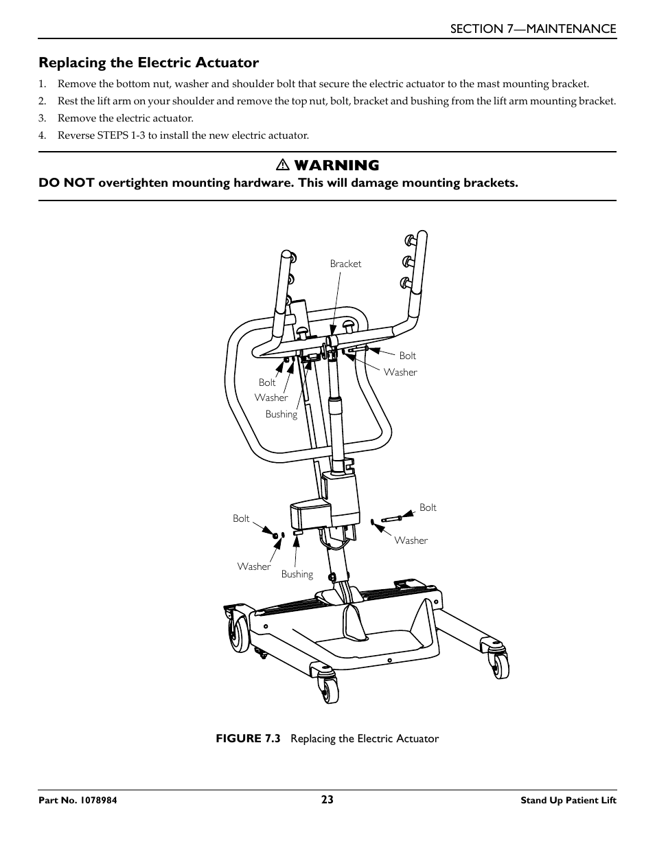 Replacing the electric actuator, Ƽ warning | Invacare RPS350-1 User Manual | Page 23 / 24