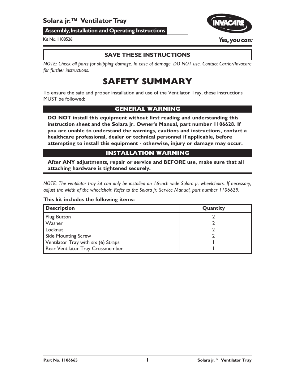 Invacare Solara Jr 1108526 User Manual | 4 pages