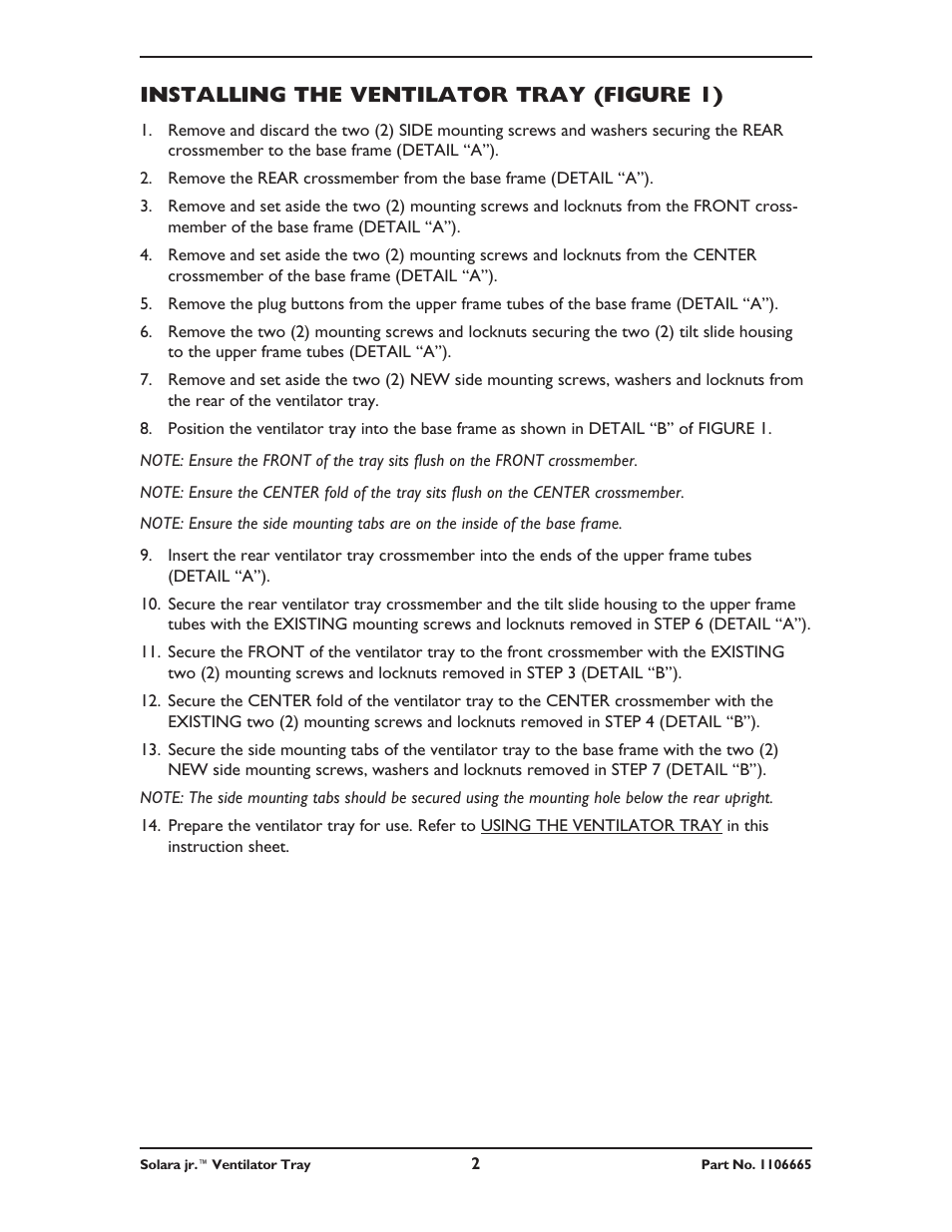 Installing the ventilator tray (figure 1) | Invacare Solara Jr 1108526 User Manual | Page 2 / 4