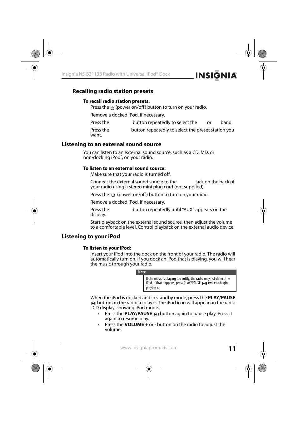 Recalling radio station presets, Listening to an external sound source, Listening to your ipod | Insignia NS-B3113B User Manual | Page 10 / 16