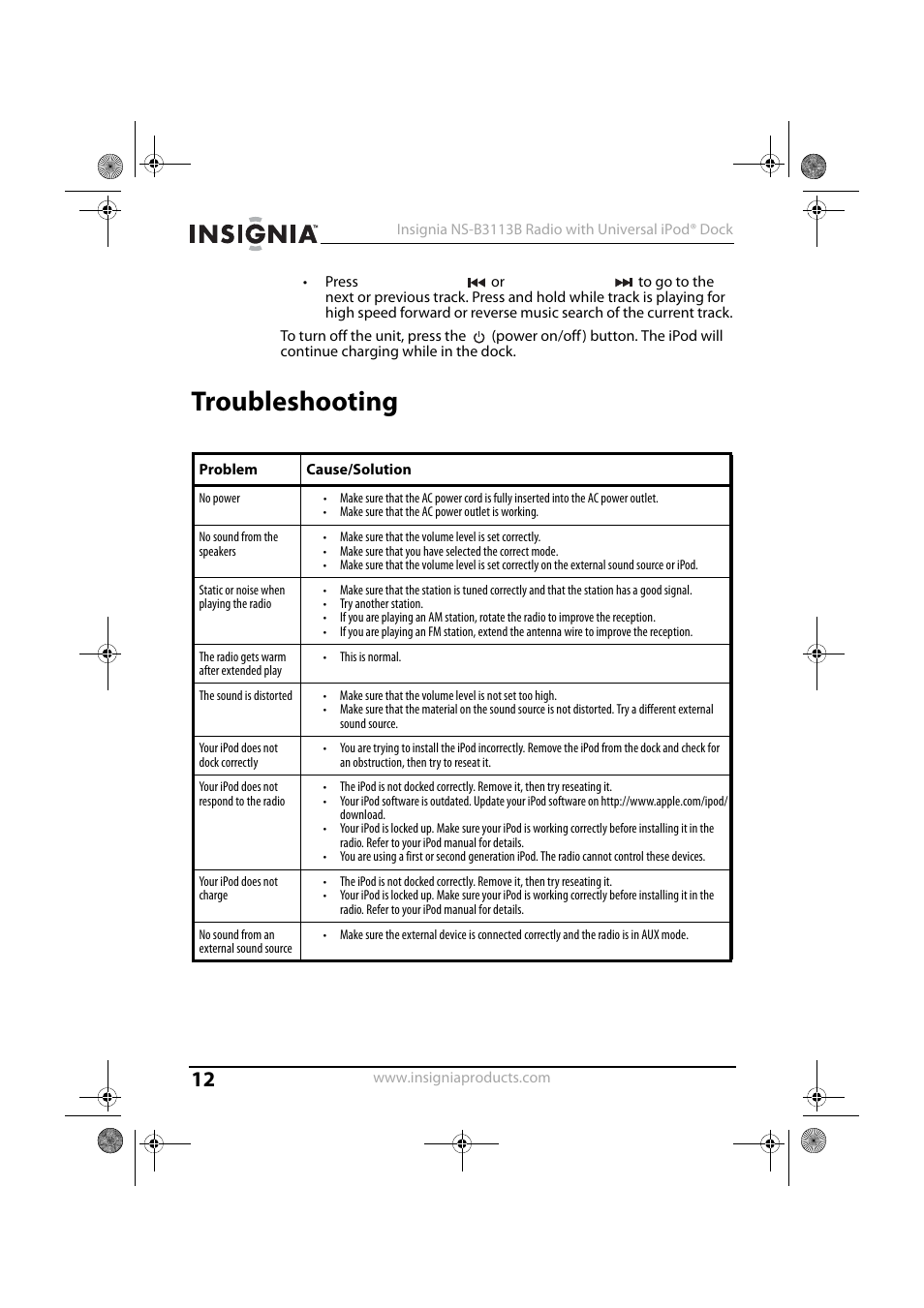 Troubleshooting | Insignia NS-B3113B User Manual | Page 11 / 16