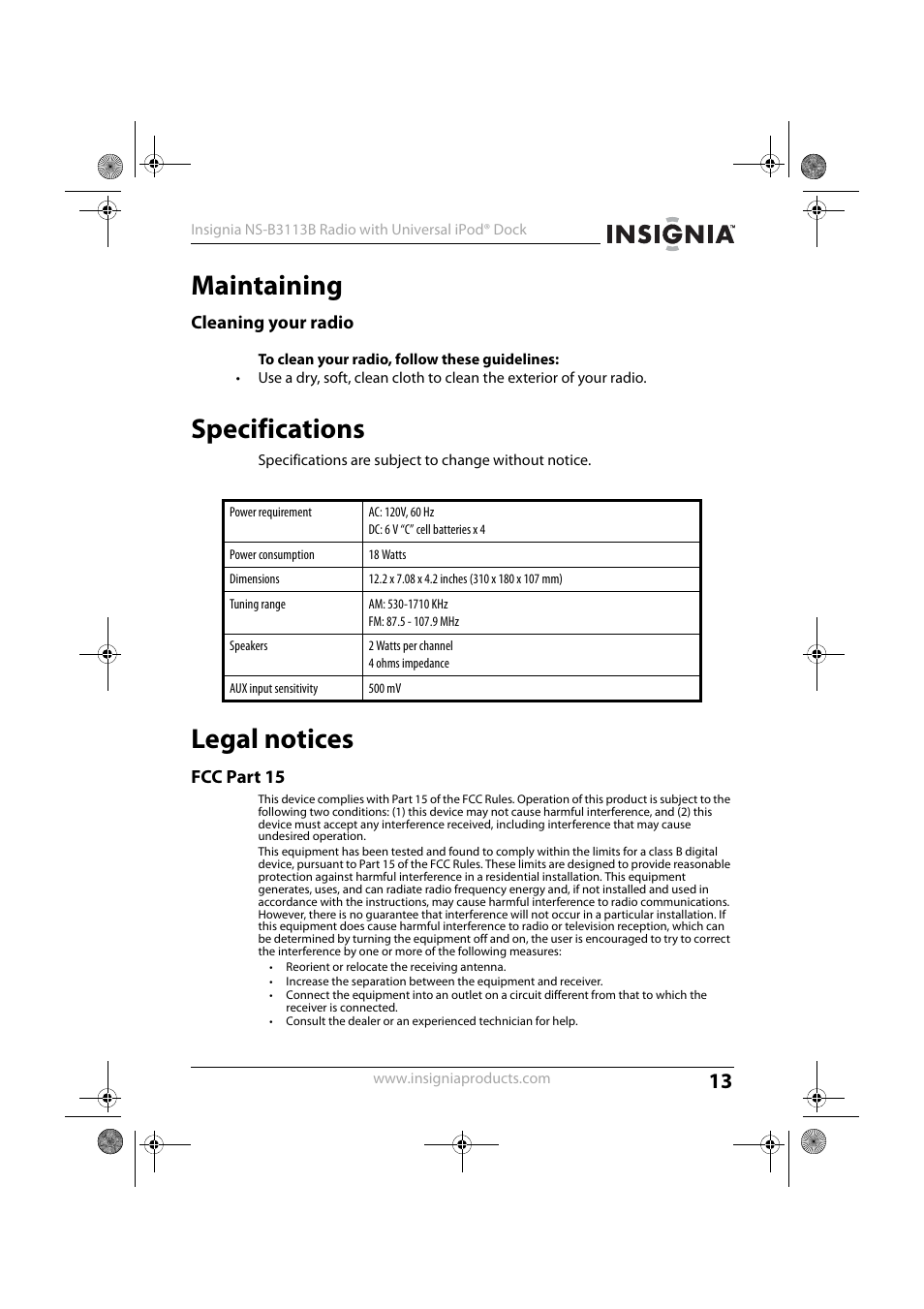 Maintaining, Cleaning your radio, Specifications | Legal notices, Fcc part 15, Maintaining specifications legal notices | Insignia NS-B3113B User Manual | Page 12 / 16