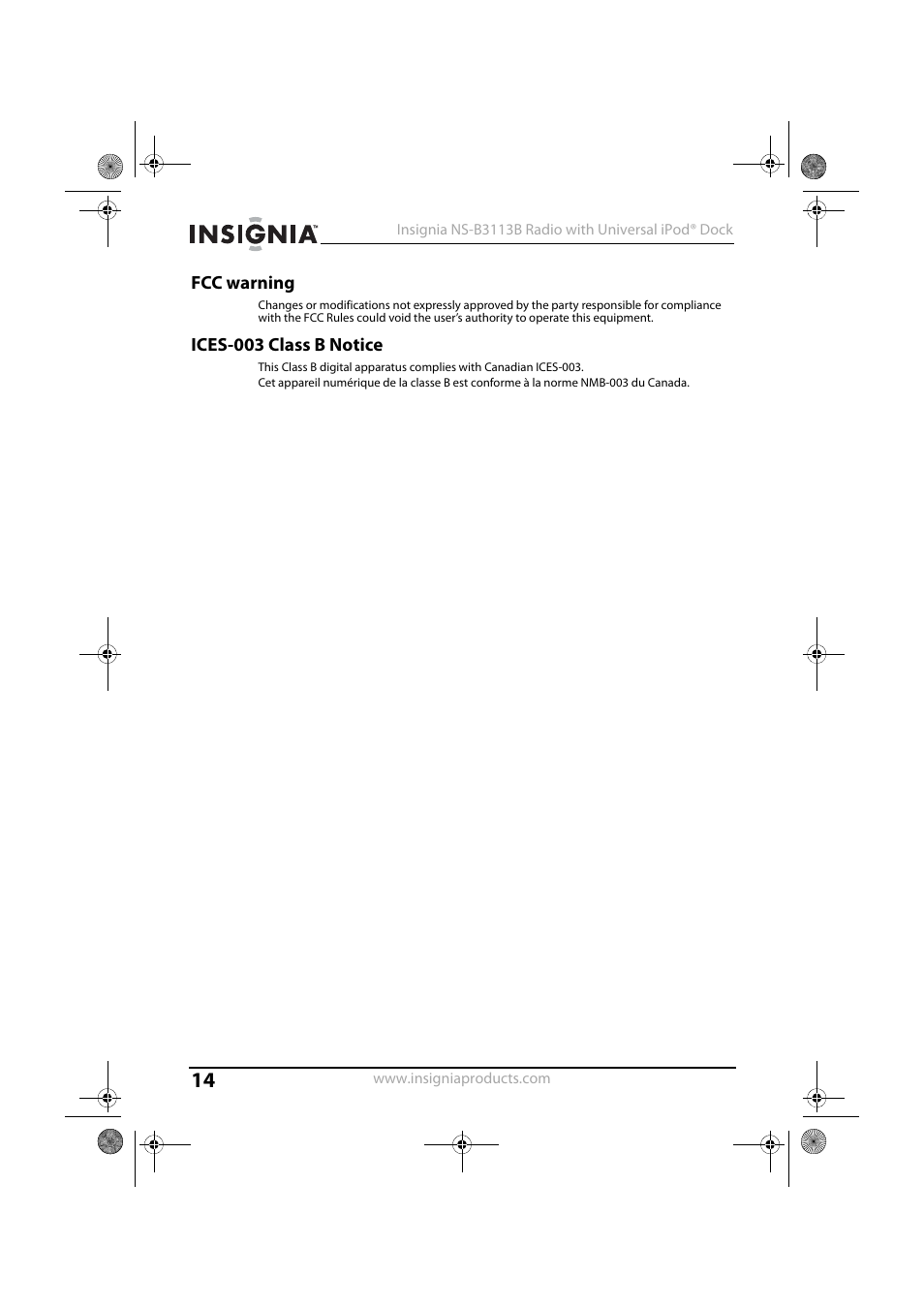 Fcc warning, Ices-003 class b notice | Insignia NS-B3113B User Manual | Page 13 / 16