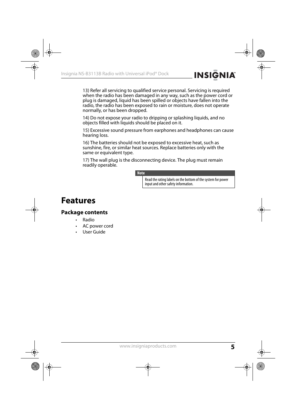 Features, Package contents | Insignia NS-B3113B User Manual | Page 4 / 16