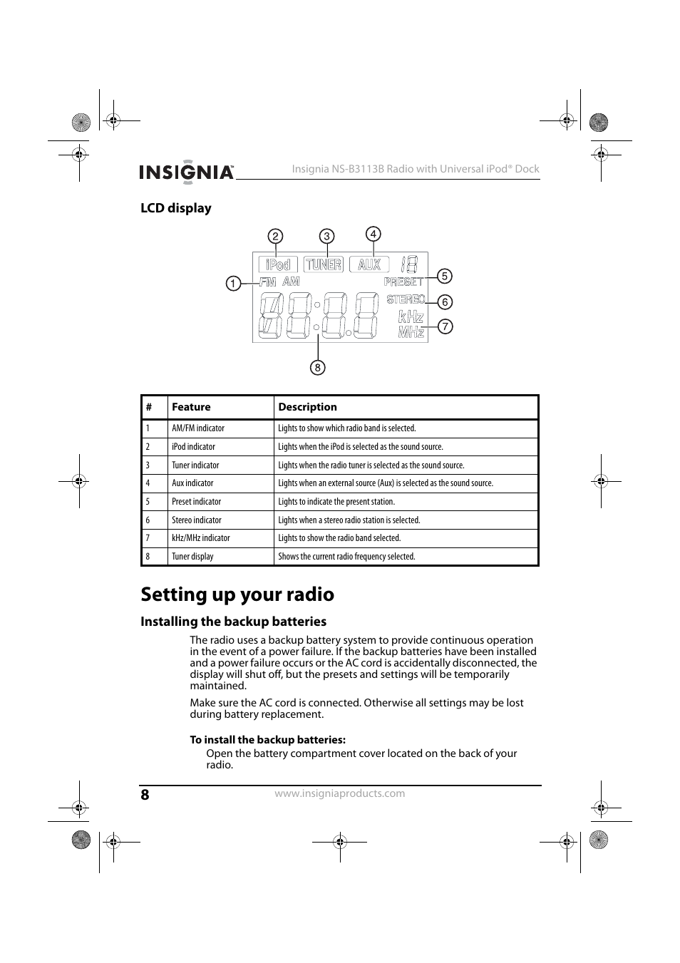 Lcd display, Setting up your radio, Installing the backup batteries | Insignia NS-B3113B User Manual | Page 7 / 16