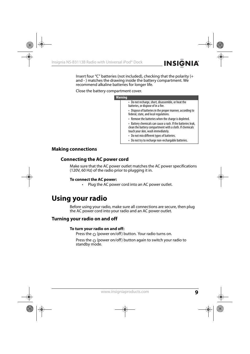 Making connections, Connecting the ac power cord, Using your radio | Turning your radio on and off | Insignia NS-B3113B User Manual | Page 8 / 16
