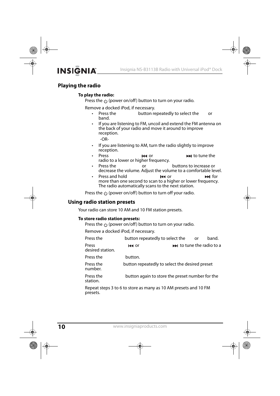 Playing the radio, Using radio station presets | Insignia NS-B3113B User Manual | Page 9 / 16