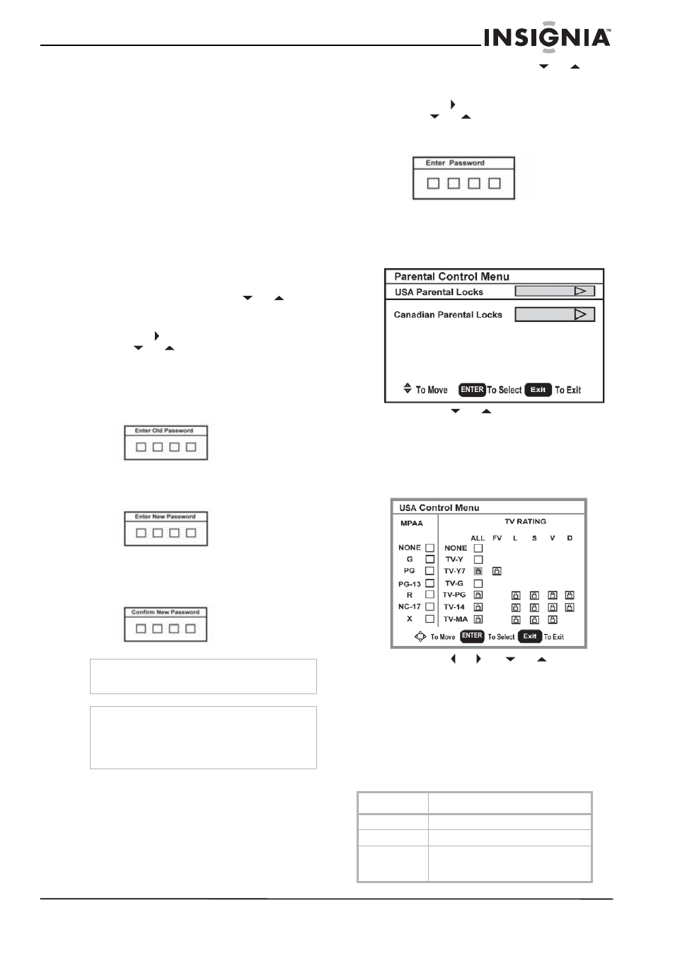 Configuration du contrôle parental, Pour configurer un mot de passe, Configuration du niveau de contrôle parental | Pour configurer le niveau de contrôle parental, Classifications américaines mpaa | Insignia NS-lcd19 User Manual | Page 25 / 50
