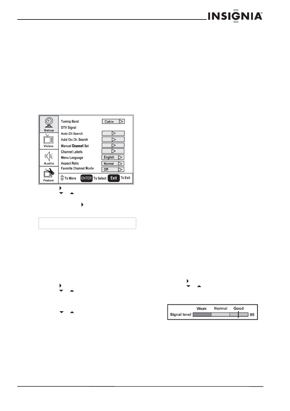 Configuración de la lista de canales, Configuración automática de canales, Para agregar o borrar canales | Cambio de canales, Para cambiar los canales, Selección de un sub-canal digital, Para seleccionar un sub-canal, Ajuste del volumen, Para ajustar el volumen, Visualización de la información de estado | Insignia NS-lcd19 User Manual | Page 39 / 50