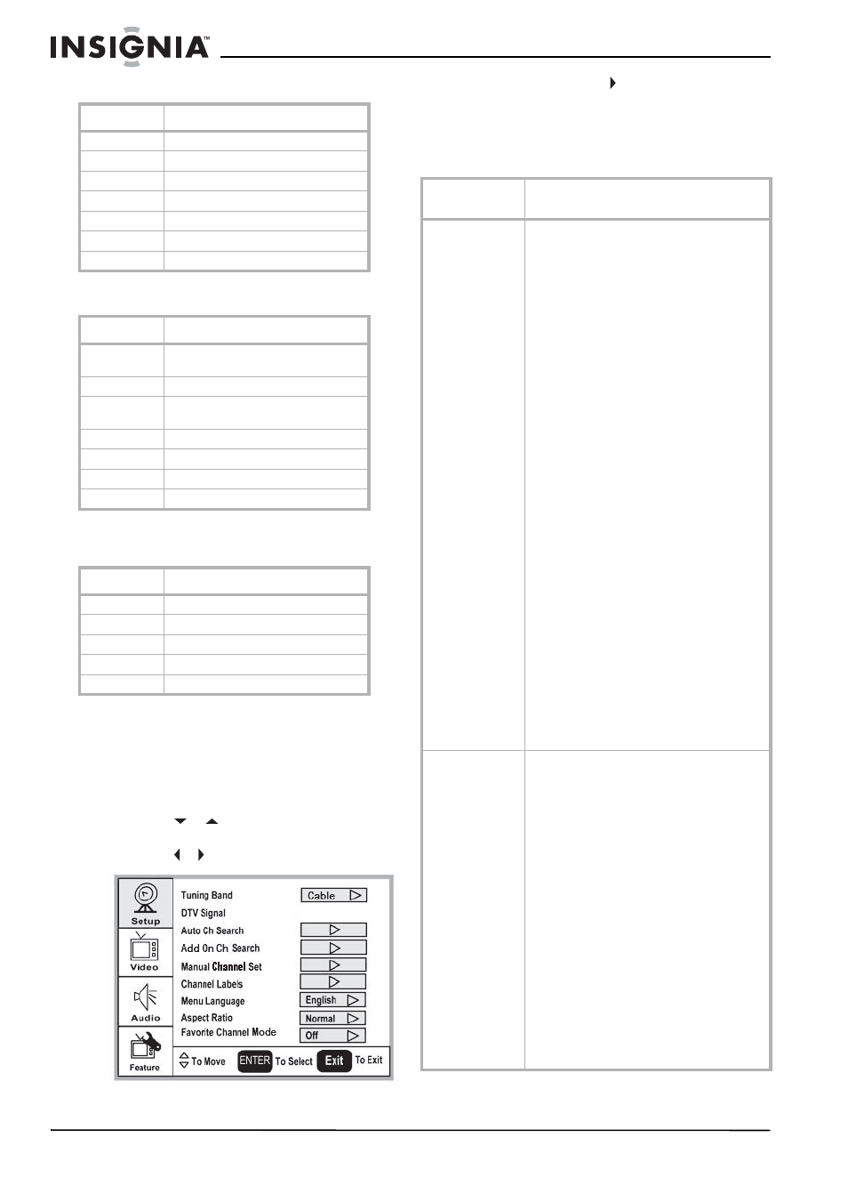 Clasificaciones mpaa canadienses, Clasificaciones de pautas de tv para los padres, Uso del menú de pantalla (osd) | Para usar el menú de pantalla, Menús de pantalla | Insignia NS-lcd19 User Manual | Page 42 / 50