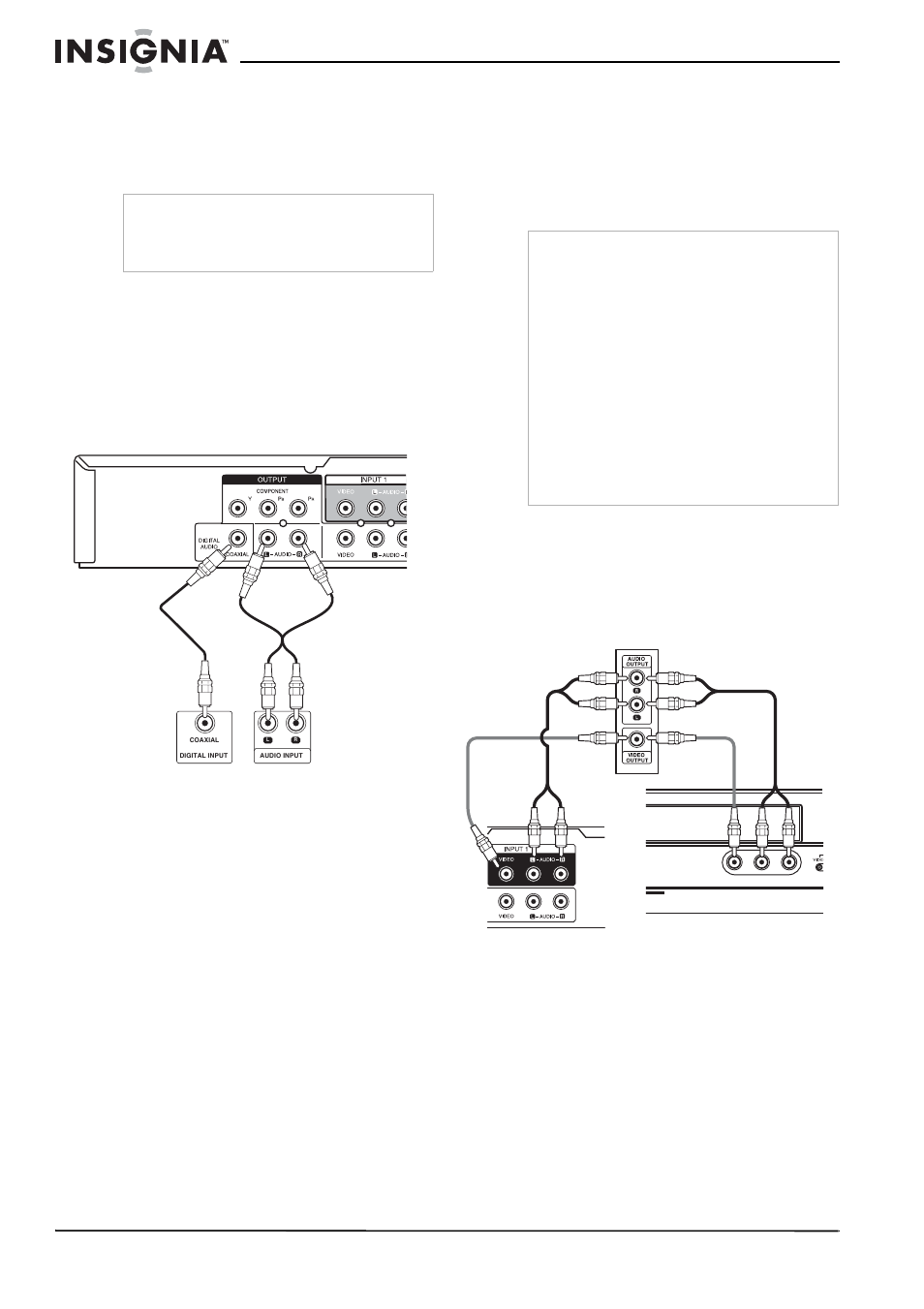 To connect to your tv with a component video cable, Audio connection, To connect to your tv with audio source | Connecting to an amplifier, Digital multi-channel sound, Accessory audio/video (a/v) connections, To connect your recorder to an accessory component, Remote control batteries | Insignia NS-1DVDR User Manual | Page 10 / 96