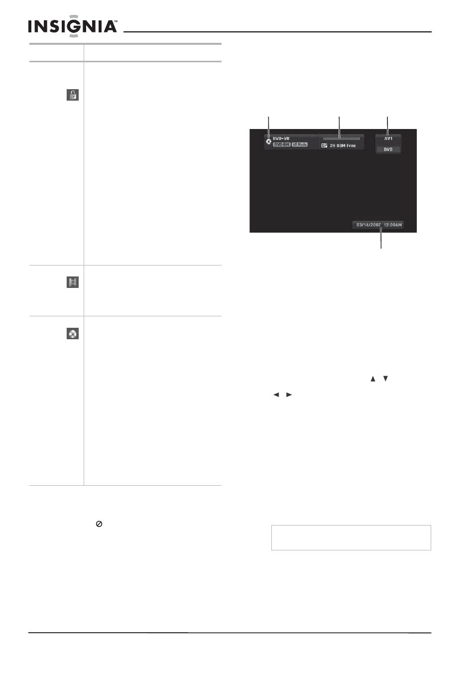 Lock (parental control) settings, Recording settings, Disc settings | The on-screen display, Displaying information while watching tv, Displaying disc information on screen, To display disc information on screen | Insignia NS-1DVDR User Manual | Page 14 / 96