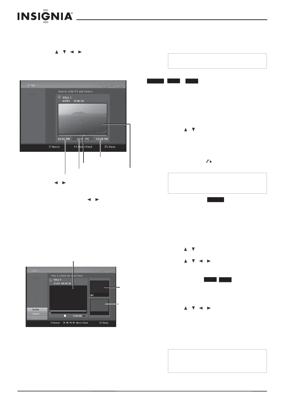 Time searching, To select the starting point of the title, To divide a title into two | Combining two chapters into one, To combine two chapters into one, Moving a playlist chapter, To move a playlist chapter, Hiding a chapter or title, To hide a chapter or title | Insignia NS-1DVDR User Manual | Page 22 / 96