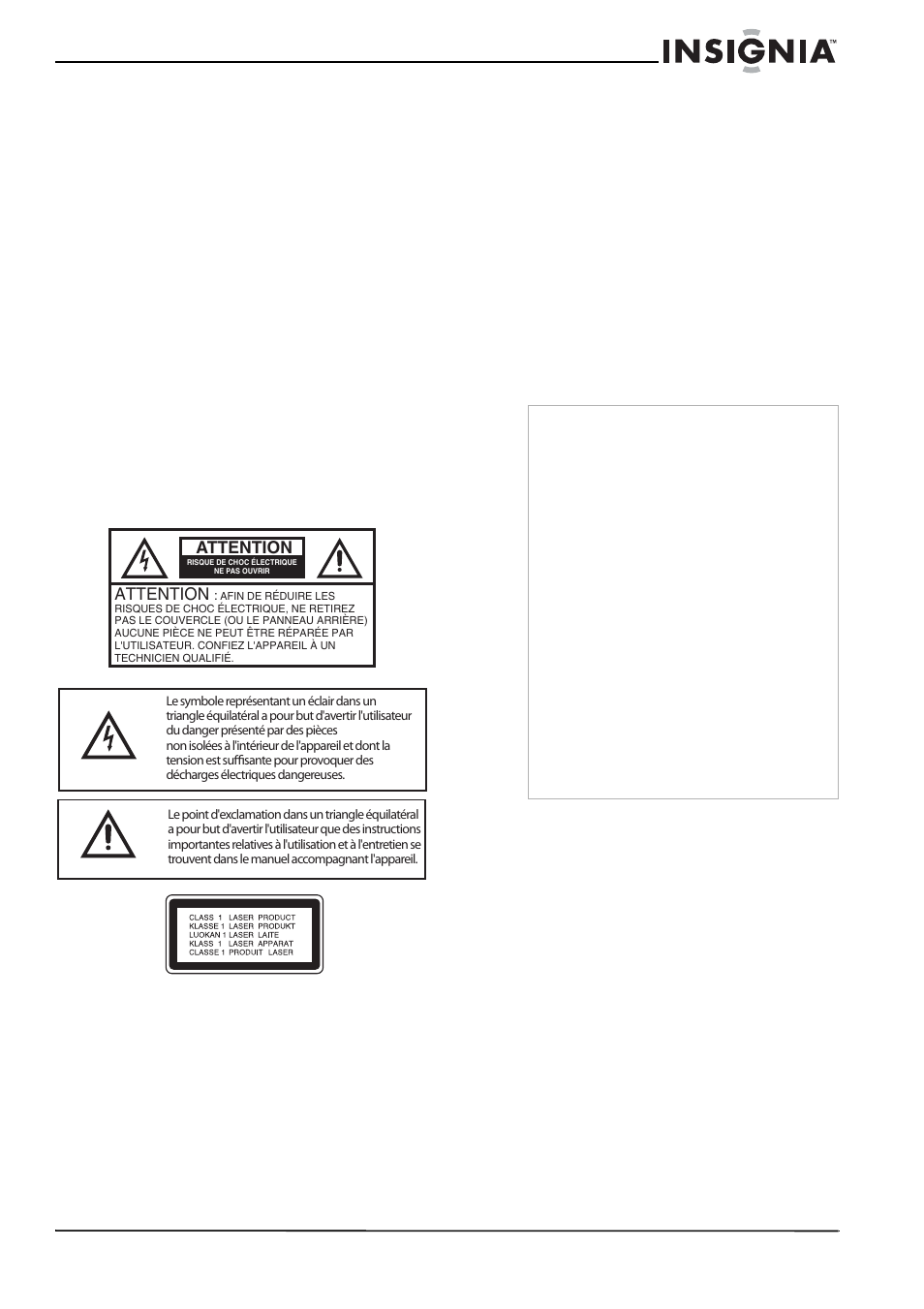 Contenu, Bienvenue, Avertissement | Attention, Importantes mesures de sécurité | Insignia NS-1DVDR User Manual | Page 31 / 96