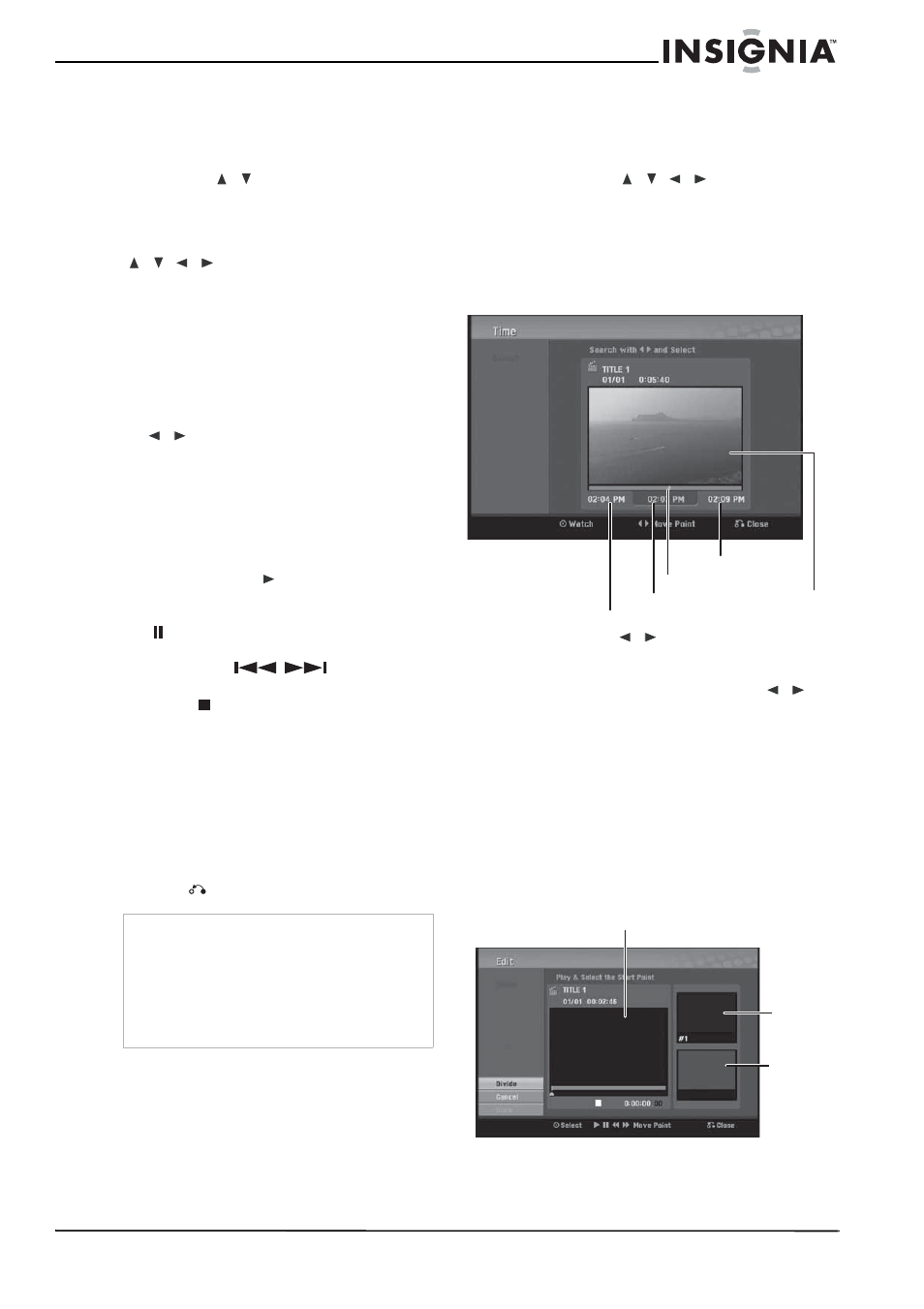 Pour donner un nom à un titre, Recherche horaire, Pour sélectionner le point de début du titre | Pour diviser un titre en deux | Insignia NS-1DVDR User Manual | Page 53 / 96
