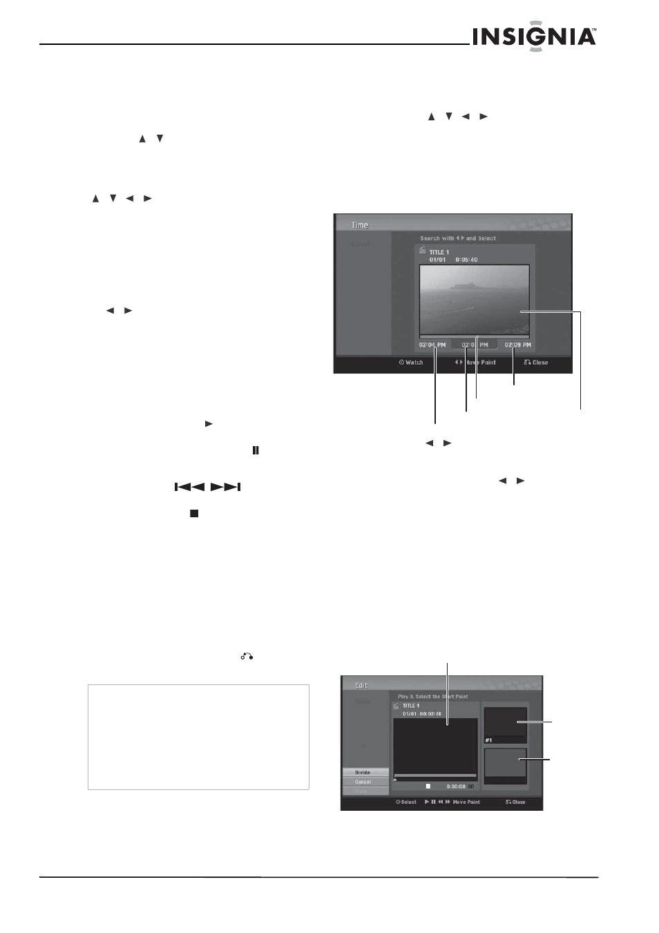 Para nombrar un título, Búsqueda por tiempo, Para seleccionar el punto inicial del título | Para dividir un título en dos | Insignia NS-1DVDR User Manual | Page 85 / 96