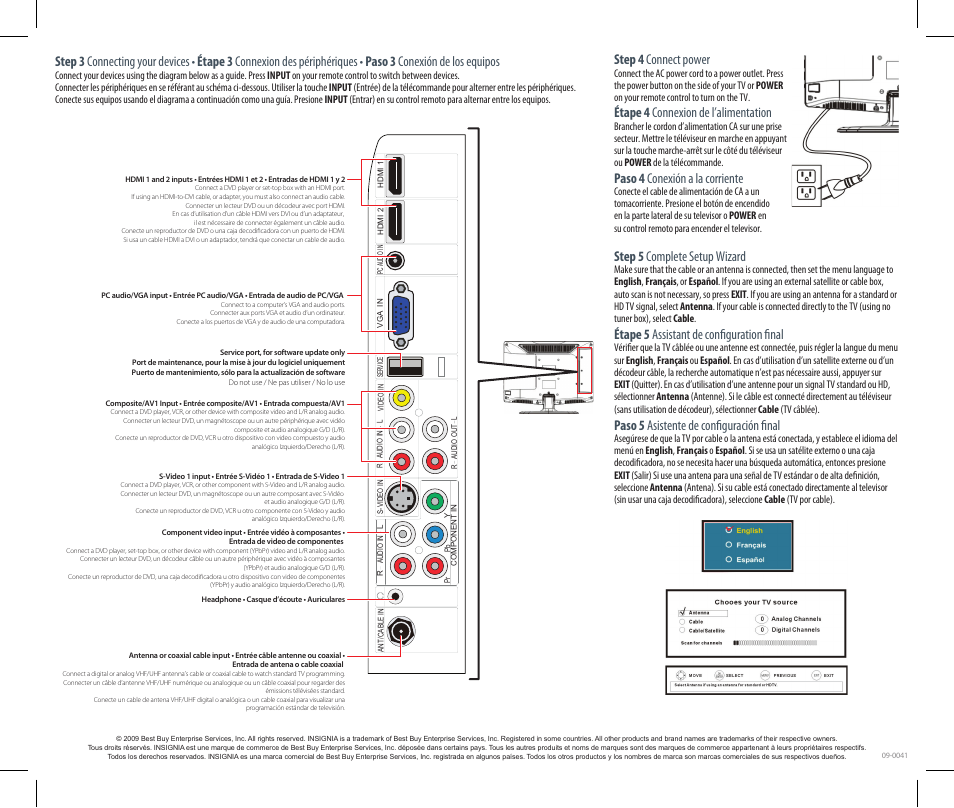 Step 4 connect power, Étape 4 connexion de l’alimentation, Paso 4 conexión a la corriente | Step 5 complete setup wizard, Étape 5 assistant de configuration final, Paso 5 asistente de configuración final | Insignia NS-L19W2Q-10A User Manual | Page 2 / 2