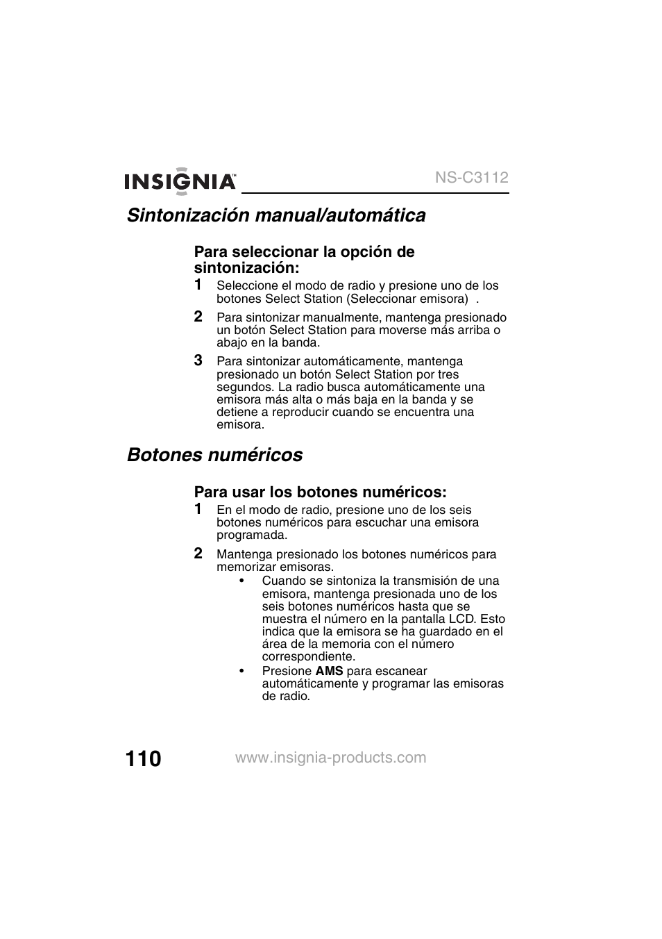 Sintonización manual/automática, Botones numéricos | Insignia NS-C3112 User Manual | Page 112 / 136