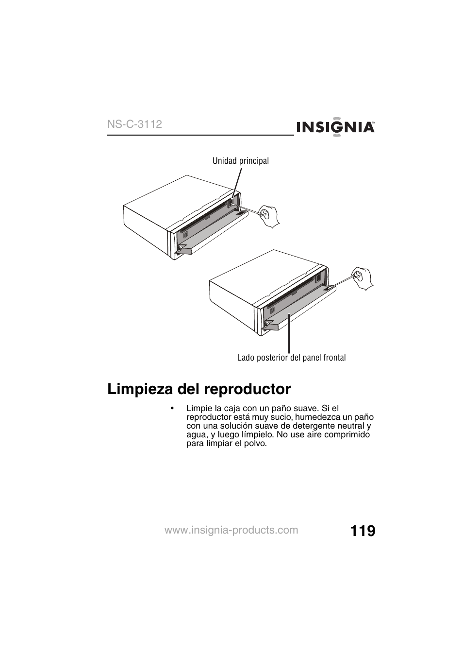 Limpieza del reproductor | Insignia NS-C3112 User Manual | Page 121 / 136