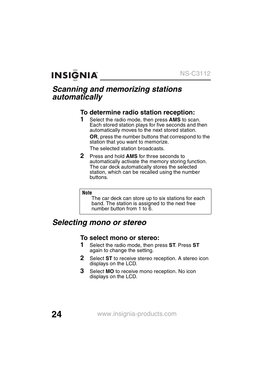 Selecting mono or stereo | Insignia NS-C3112 User Manual | Page 26 / 136