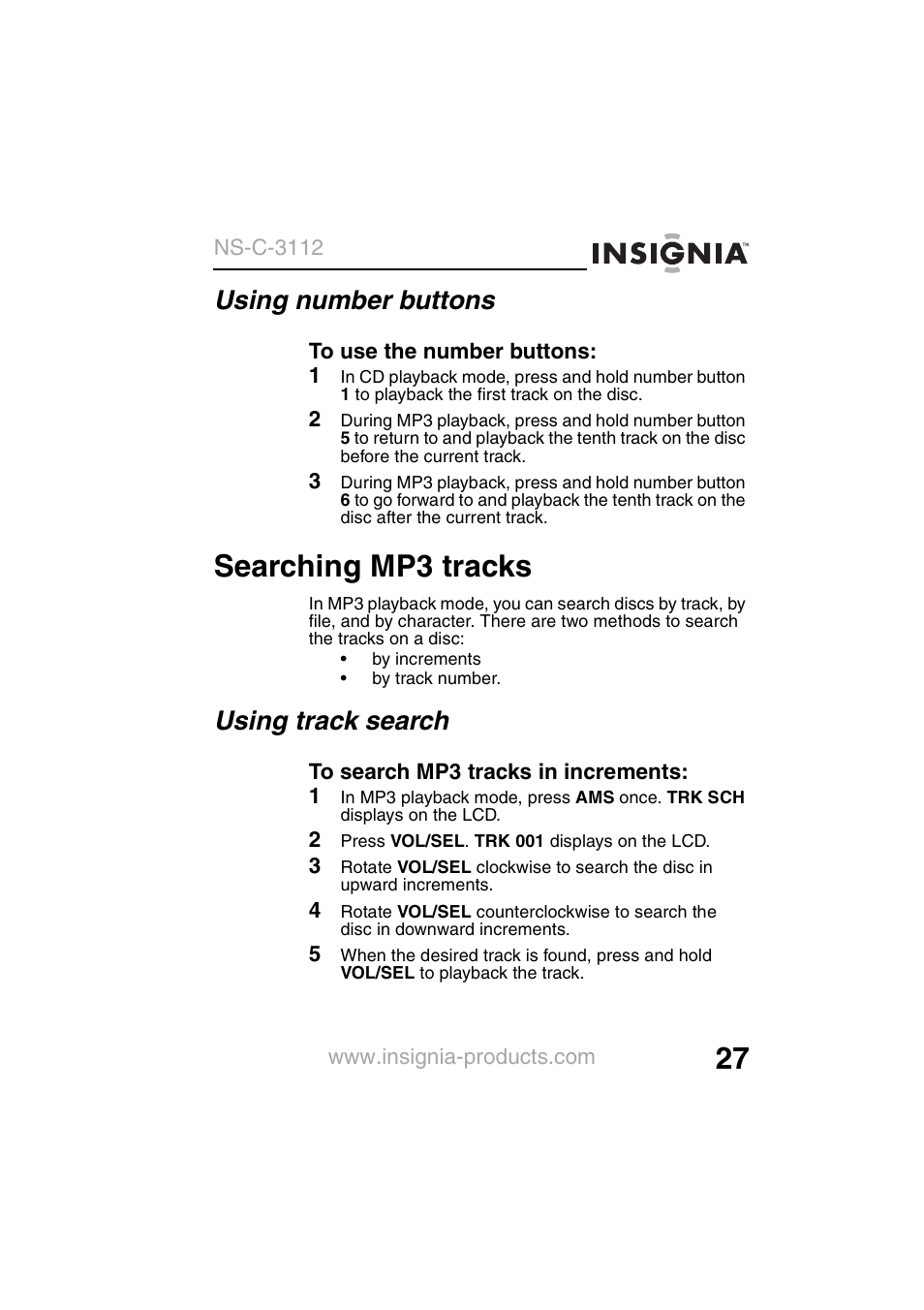 Searching mp3 tracks, Using number buttons, Using track search | Insignia NS-C3112 User Manual | Page 29 / 136