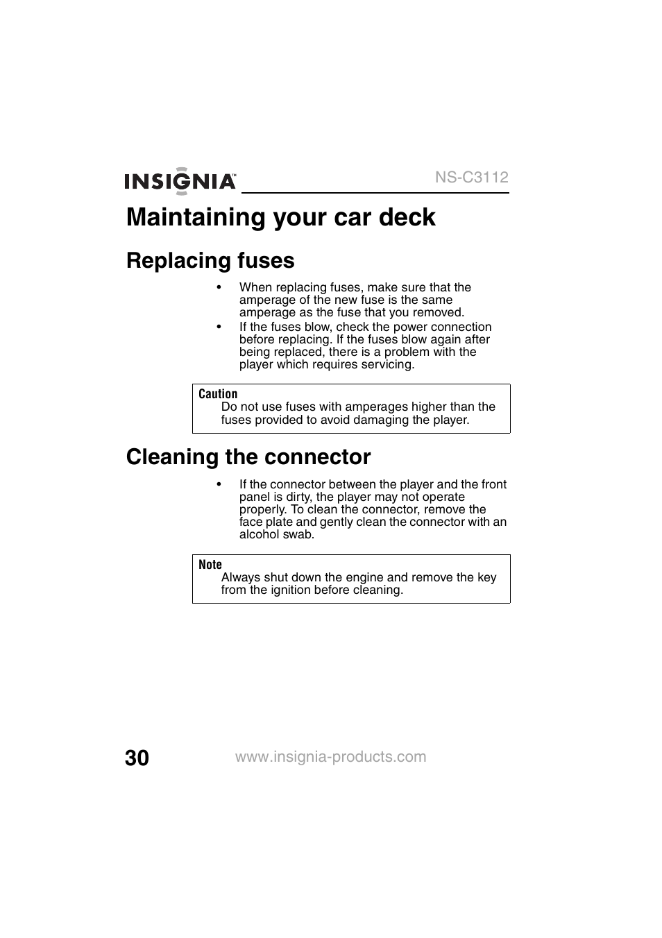 Maintaining your car deck, Replacing fuses, Cleaning the connector | Insignia NS-C3112 User Manual | Page 32 / 136