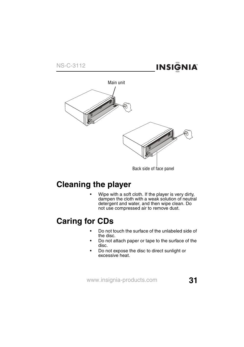 Cleaning the player, Caring for cds | Insignia NS-C3112 User Manual | Page 33 / 136