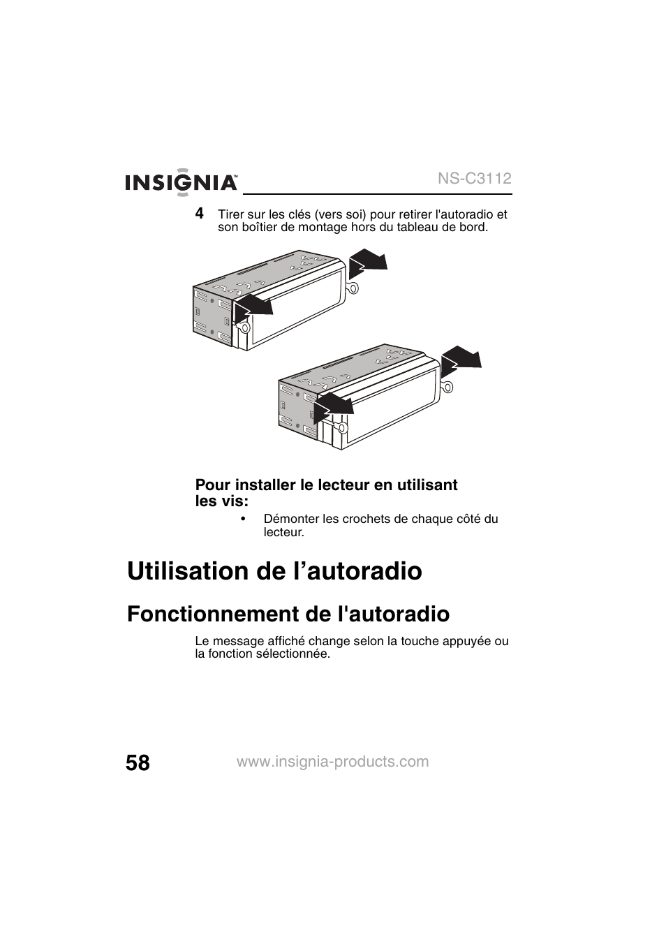Utilisation de l’autoradio, Fonctionnement de l'autoradio | Insignia NS-C3112 User Manual | Page 60 / 136