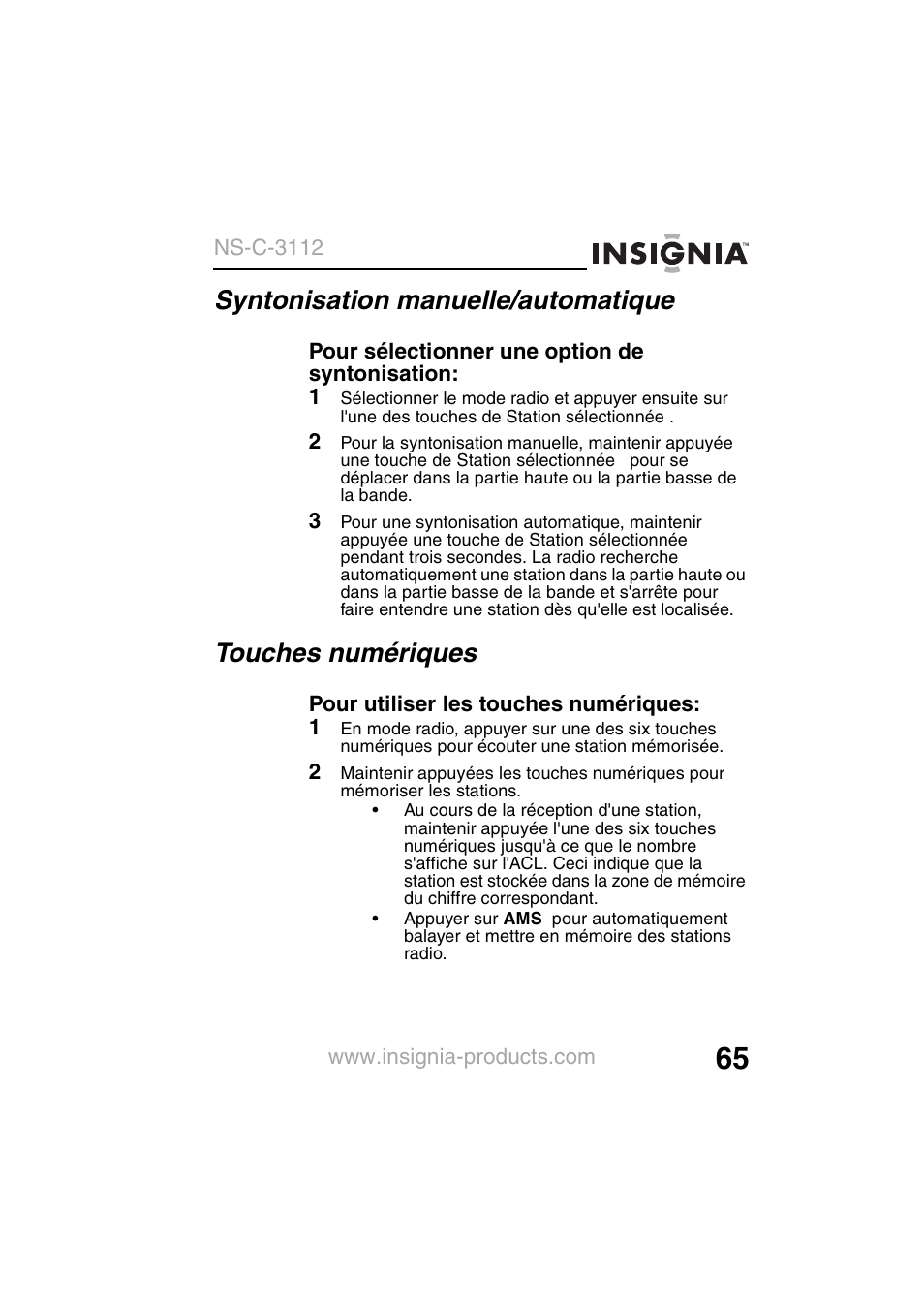 Syntonisation manuelle/automatique, Touches numériques | Insignia NS-C3112 User Manual | Page 67 / 136