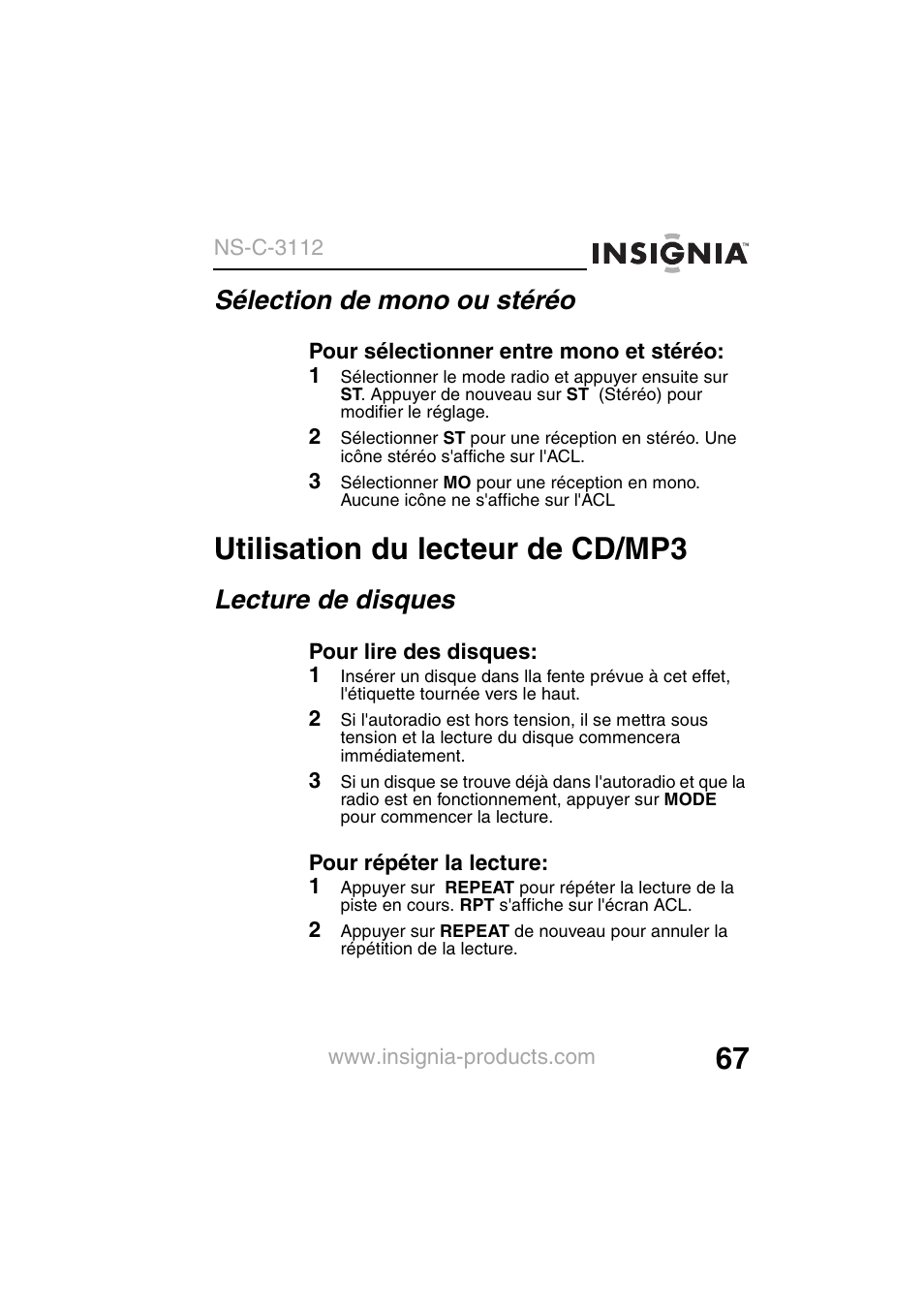 Utilisation du lecteur de cd/mp3, Sélection de mono ou stéréo, Lecture de disques | Insignia NS-C3112 User Manual | Page 69 / 136