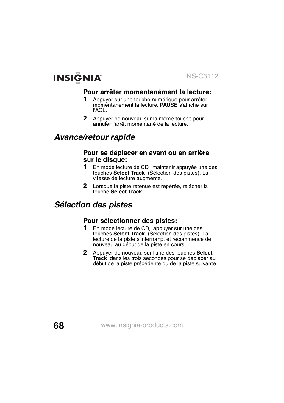 Avance/retour rapide, Sélection des pistes | Insignia NS-C3112 User Manual | Page 70 / 136