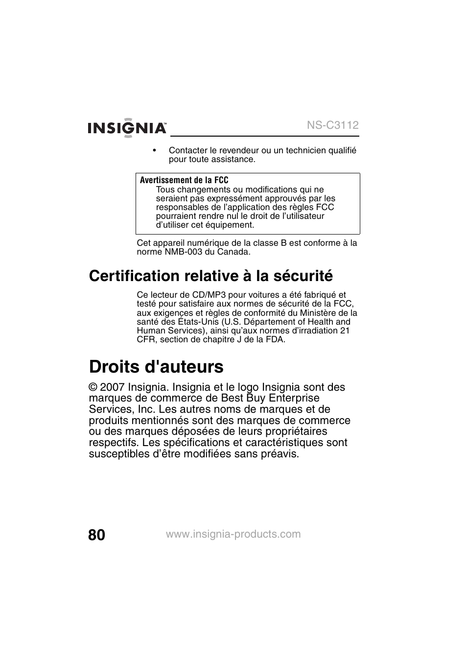 Droits d'auteurs, Certification relative à la sécurité | Insignia NS-C3112 User Manual | Page 82 / 136