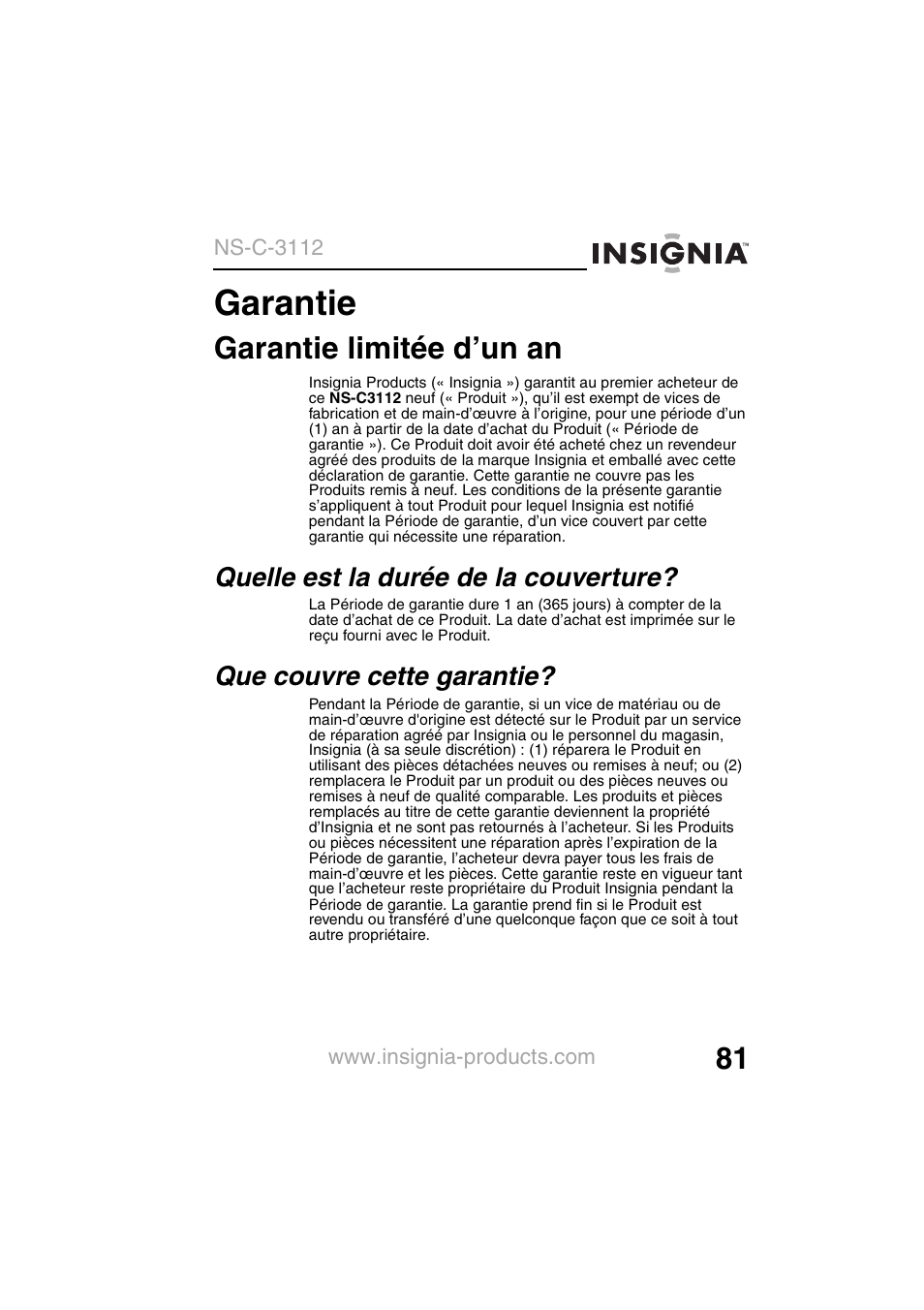 Garantie, Garantie limitée d’un an | Insignia NS-C3112 User Manual | Page 83 / 136