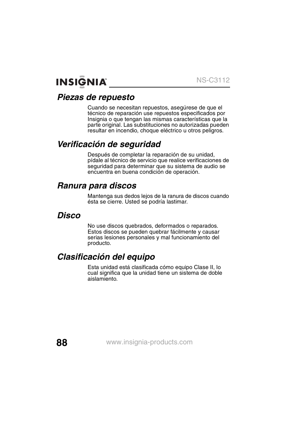 Piezas de repuesto, Verificación de seguridad, Ranura para discos | Disco, Clasificación del equipo | Insignia NS-C3112 User Manual | Page 90 / 136