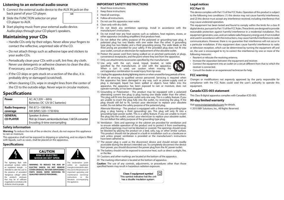 Maintaining your cds, Specifi cations | Insignia NS-4111TU User Manual | Page 2 / 2