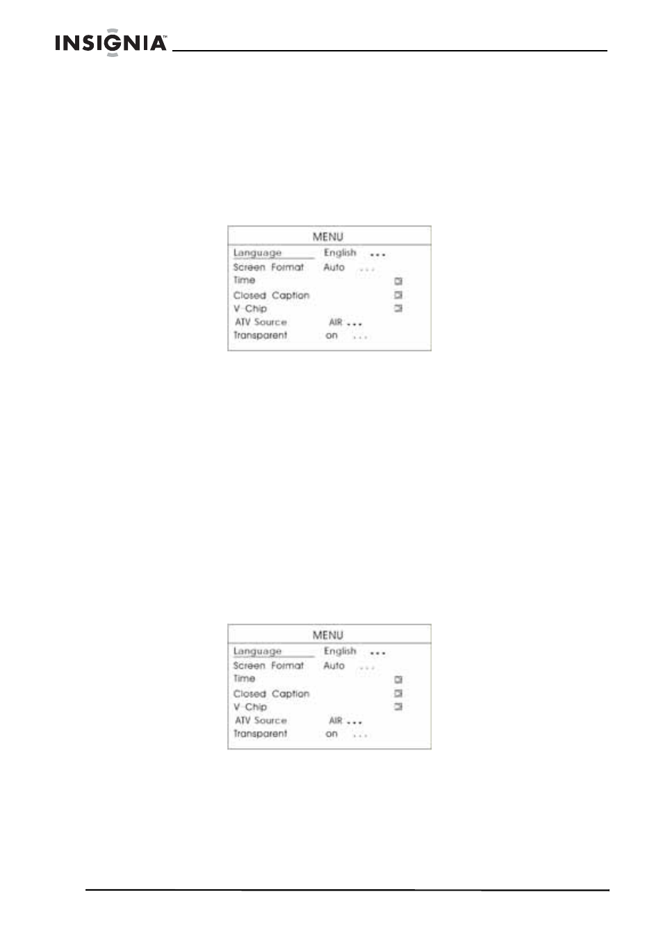 Configuration de la source tva, Pour configurer la source tva, Réglage de la transparence du menu | Pour régler la transparence du menu | Insignia NS-5HTV User Manual | Page 44 / 78