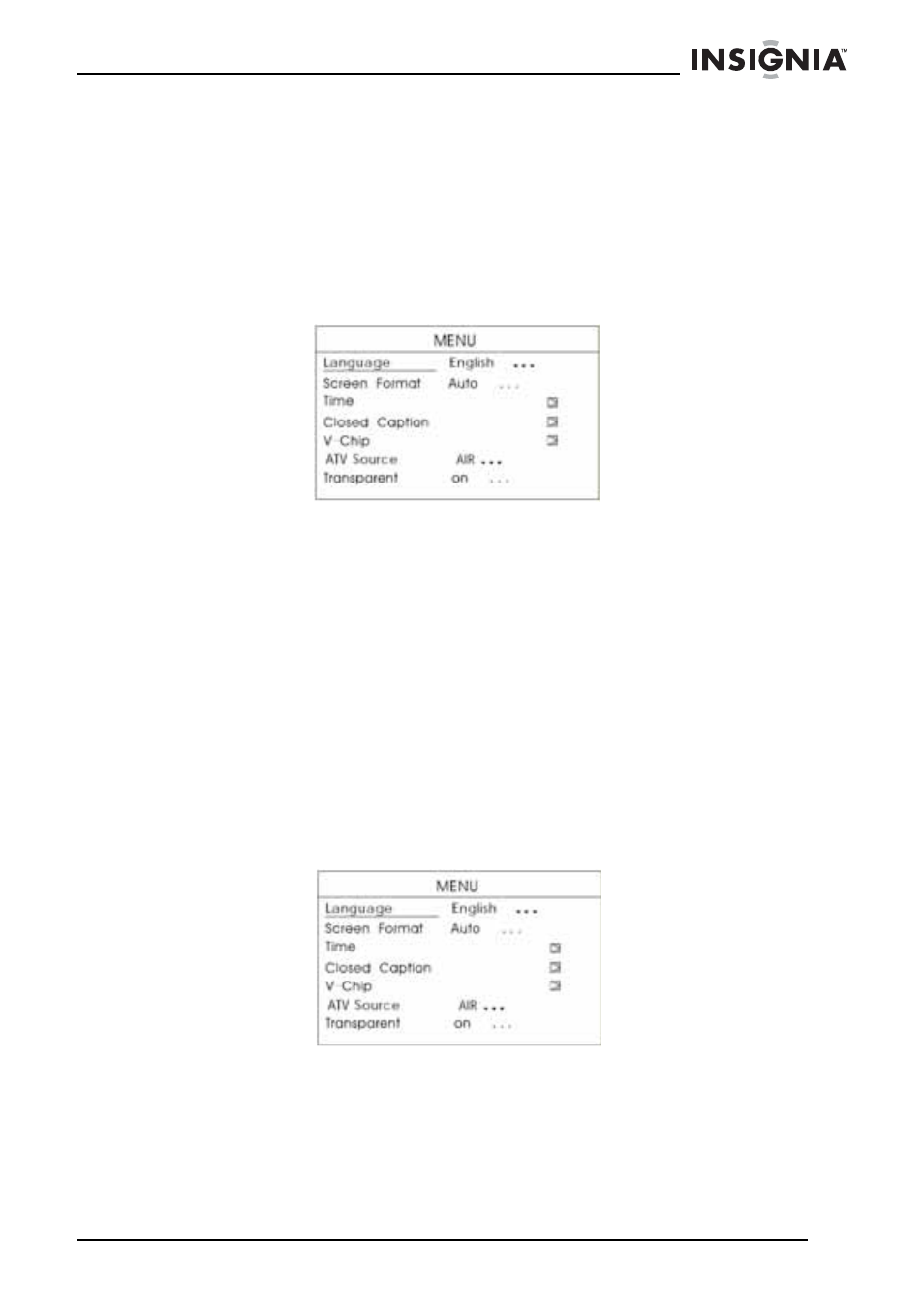 Ajuste del idioma, Para ajustar el idioma, Ajuste del formato de la pantalla | Para establecer el formato de pantalla | Insignia NS-5HTV User Manual | Page 61 / 78