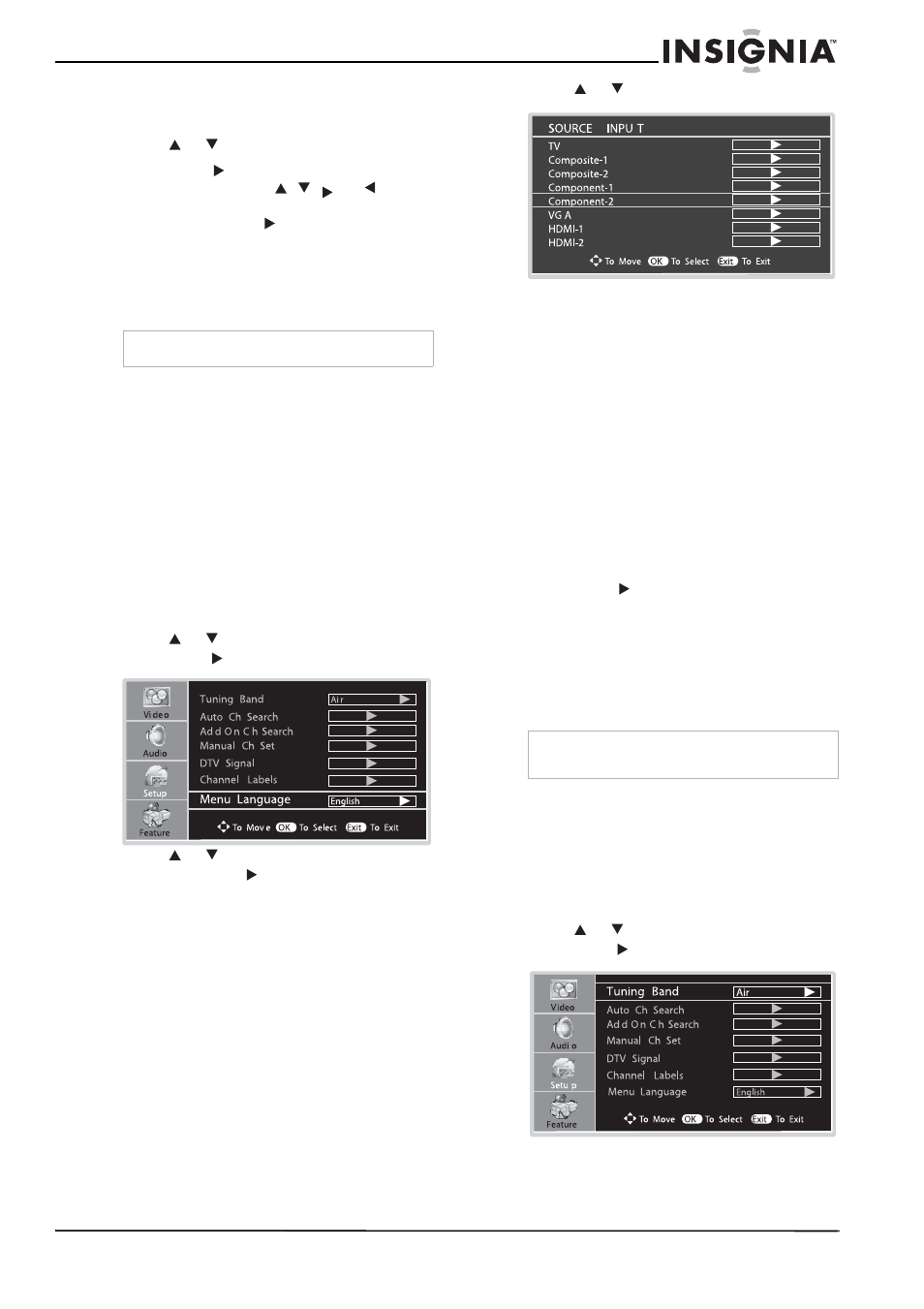 Displaying the information banner, Selecting the on-screen menu language, Selecting the input signal source | Memorizing the channels, Selecting the tuning band | Insignia NS-LCD32 User Manual | Page 13 / 100