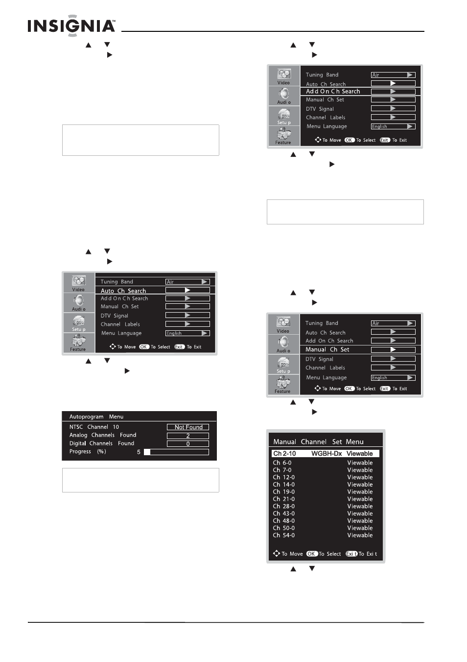 Searching for channels, Automatically adding channels, Manually adding or deleting channels | Insignia NS-LCD32 User Manual | Page 14 / 100