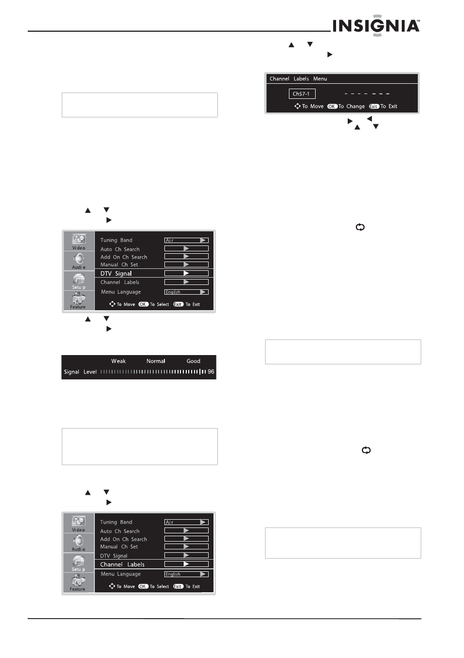 Monitoring dtv signal strength, Labeling channels, Selecting channels | Using the number pad, Using the ch+ and ch- buttons, Using the previous channel button, Information about usa channel numbering | Insignia NS-LCD32 User Manual | Page 15 / 100