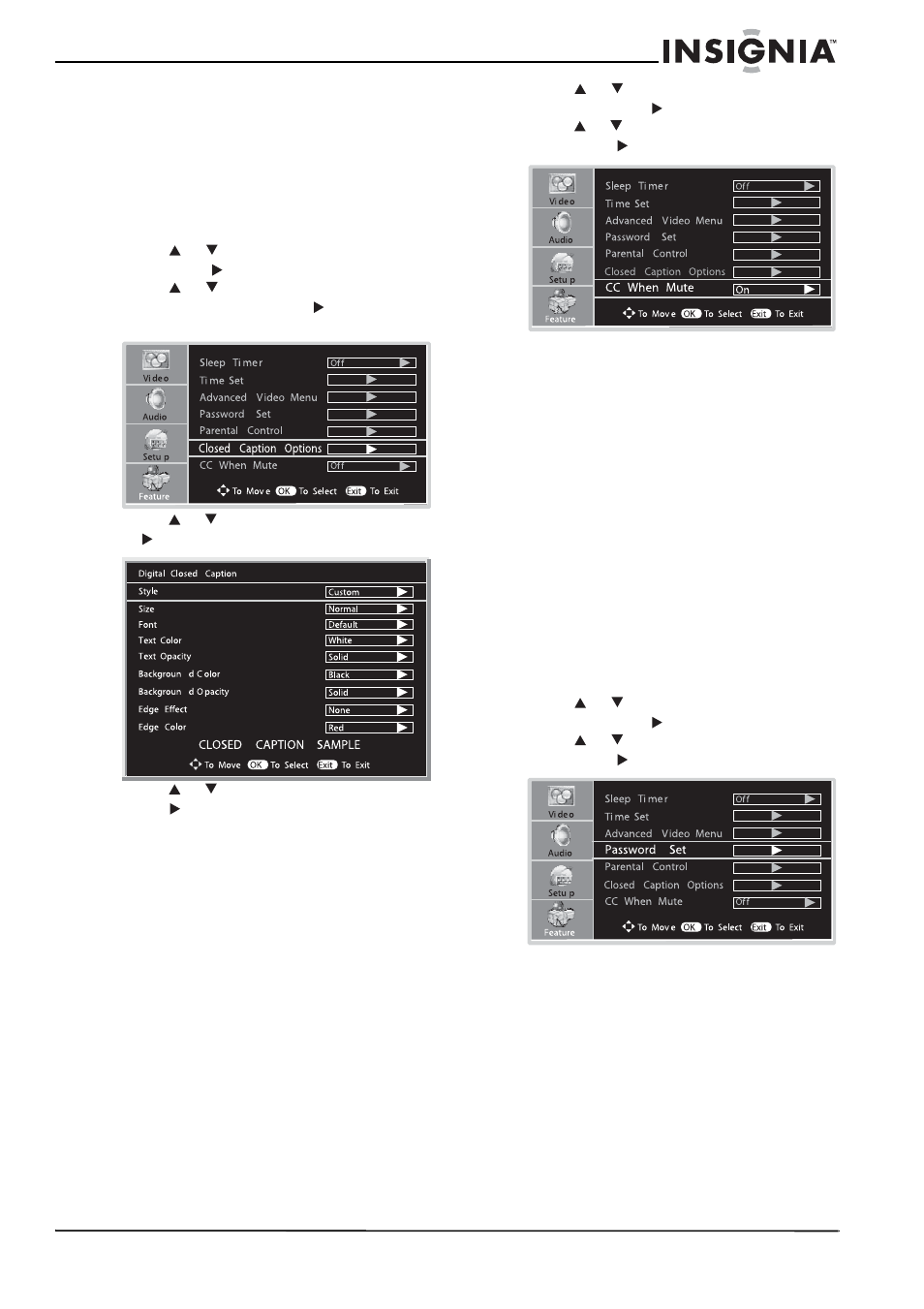 Digital broadcasting system captions, Viewing closed caption when the volume is muted, Using parental controls | Setting the password | Insignia NS-LCD32 User Manual | Page 19 / 100