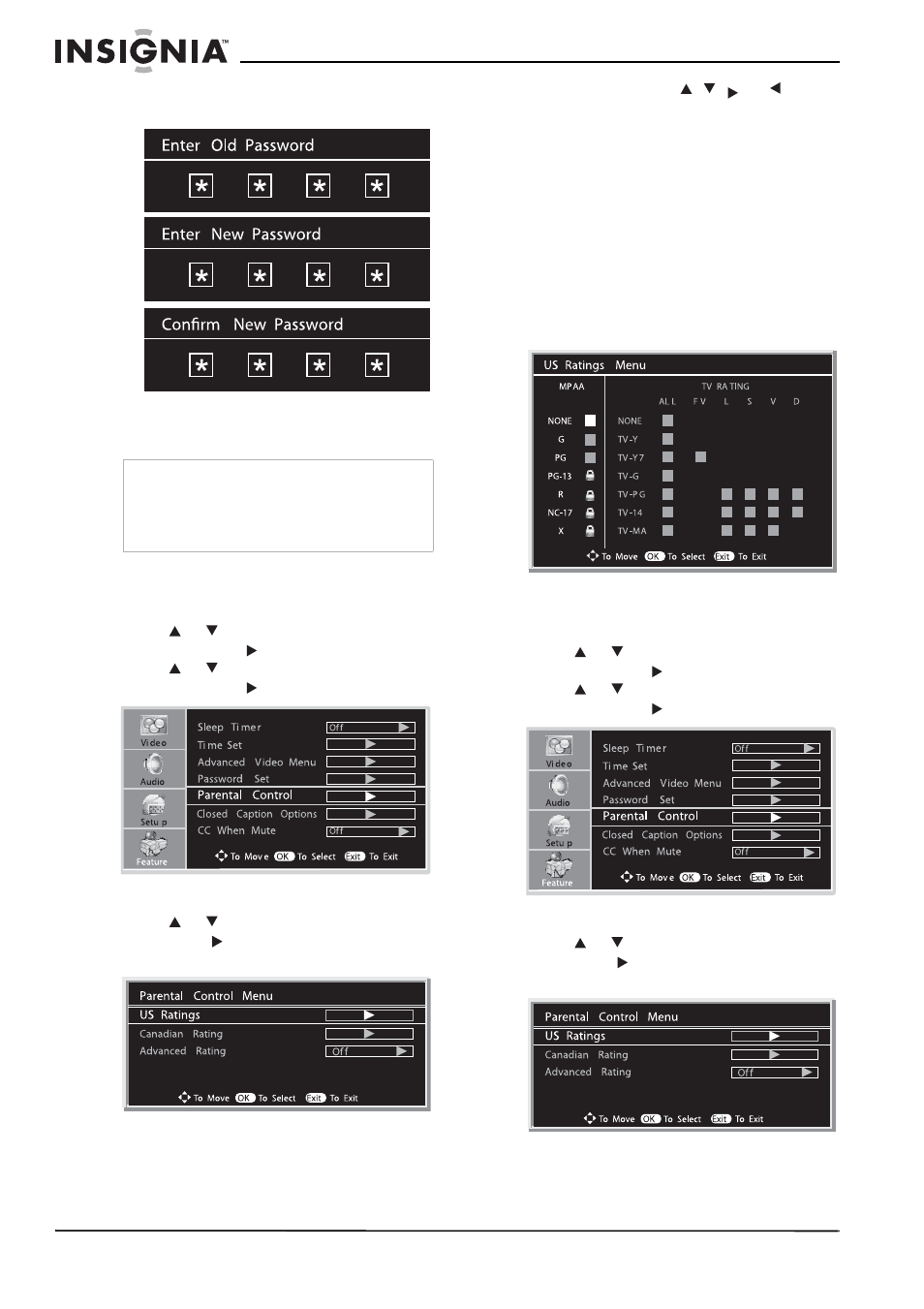 Setting the mpaa rating, Setting the tv rating | Insignia NS-LCD32 User Manual | Page 20 / 100
