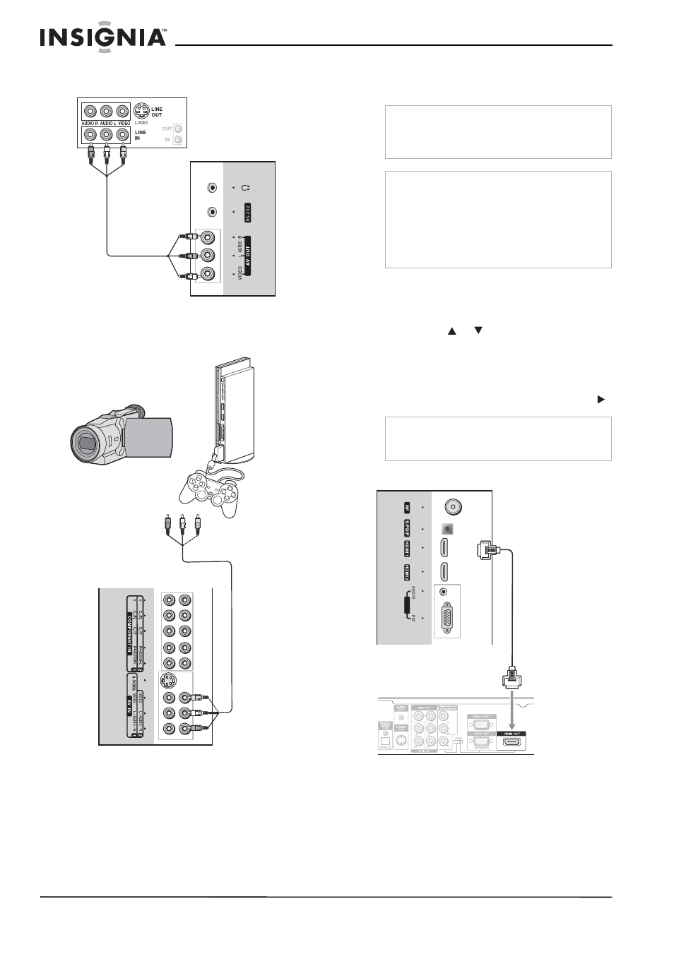 Connexion d’une console de jeux ou d’un caméscope, Connexion d’un périphérique hdmi | Insignia NS-LCD32 User Manual | Page 42 / 100