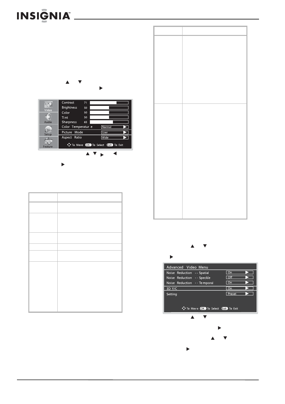 Personnalisation de l’image, Réglage de la vidéo | Insignia NS-LCD32 User Manual | Page 48 / 100