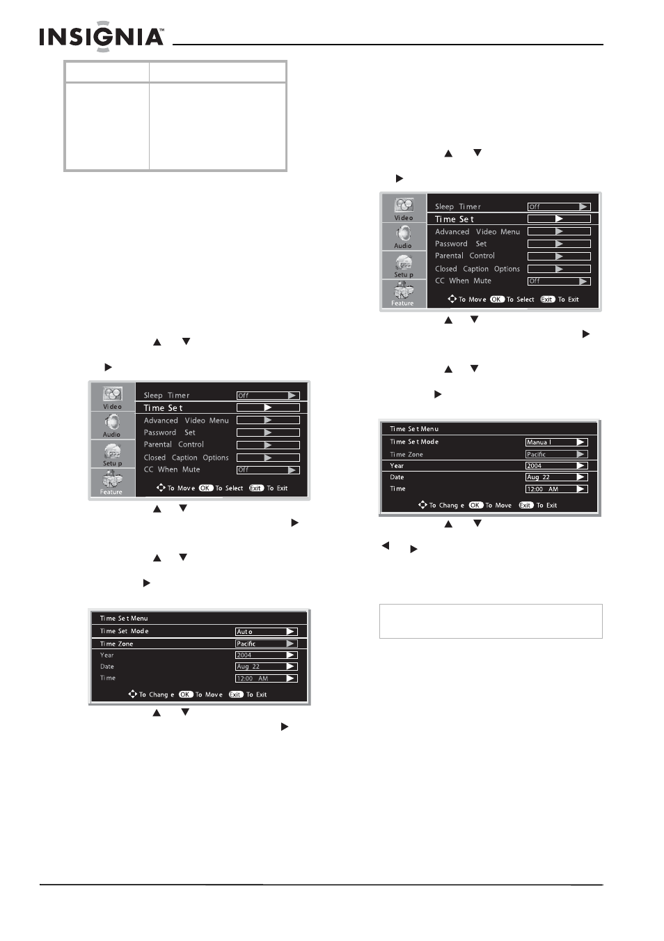Configuration automatique de l’horloge, Réglage manuel de l’horloge, Utilisation de l’arrêt différé | Insignia NS-LCD32 User Manual | Page 50 / 100