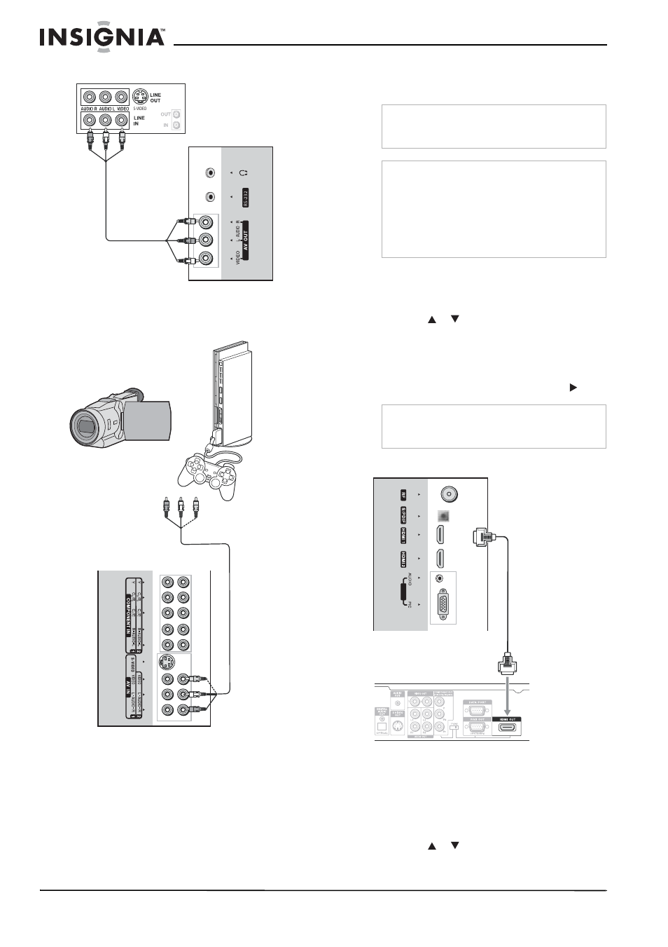 Conexión de un vcr (para grabar), Conexión de un equipo hdmi | Insignia NS-LCD32 User Manual | Page 74 / 100